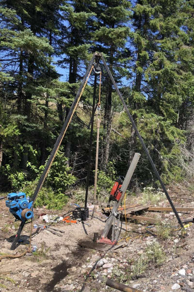 Collapsible drilling rig in a remote bush location in Ontario